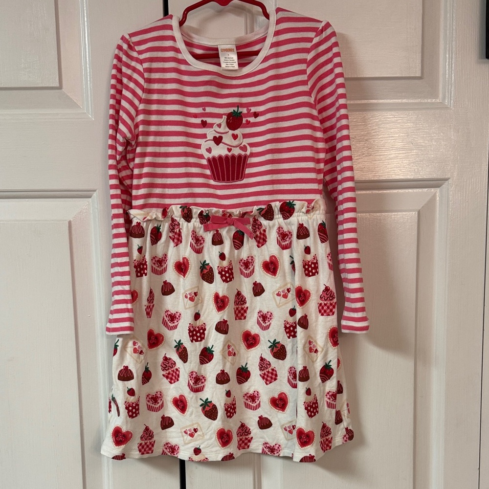 Gymboree Pink and White Striped Cupcake Dress with Heart & Strawberry Skirt